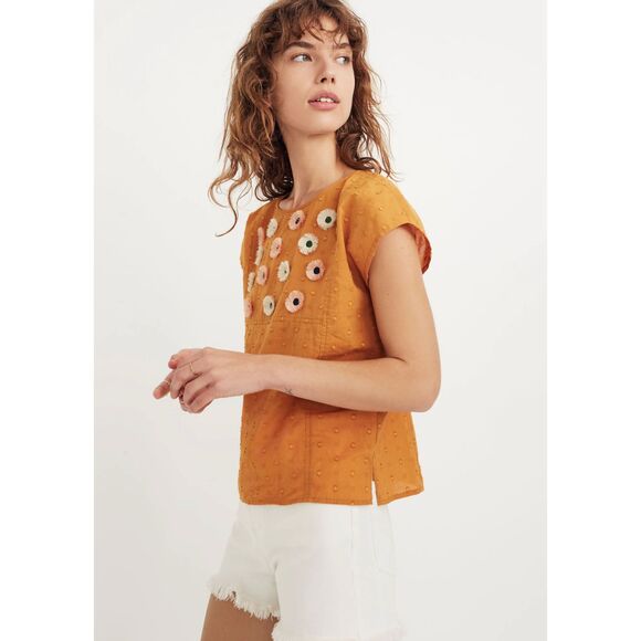 MADEWELL Yellow Mustard Cotton Embroidered Sunflower Oversized Top Womens XXS - Picture 1 of 9